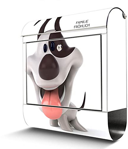 banjado® Briefkasten Edelstahl personalisiert mit Motiv Comic-Hund 38x43x12cm & 2 Schlüssel - rostfreier Edelstahl Briefkasten mit Zeitungsfach - Postkasten A4 Einwurf inkl. Montagematerial