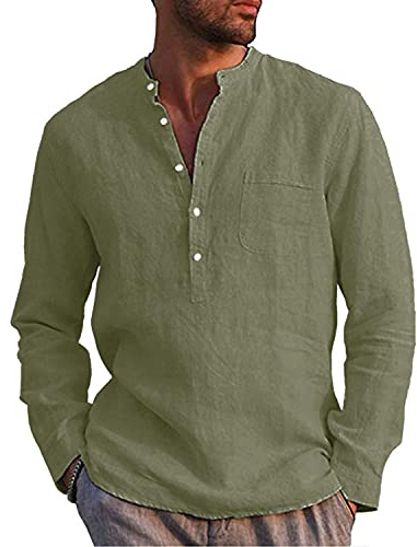 LVCBL Mens Casual Cotton Shirt Long Sleeve Band Collar Henley Shirt Tops