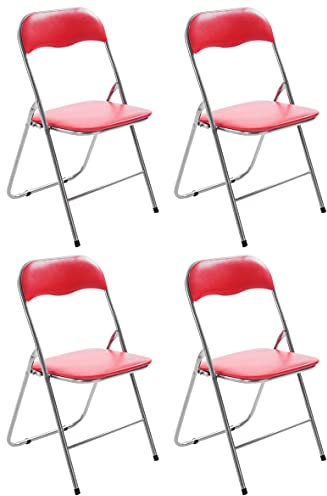CLP 4er Set Klappstuhl Felix Gepolstert I Küchenstuhl Mit Metallgestell I Kunstleder PVC Sitz Gepolstert I Stühle Klappbar I Campingstühle, Farbe:rot/Silber
