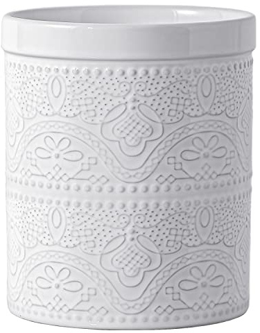 FUN ELEMENTS Kitchen Utensil Holder, 7.2 Super Large Utensil Crock Heavy and Stable Lace Emboss Ceramic Utensil Holder for Kitchen Counter (Bright White)
