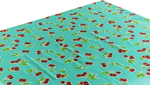 First Choice Vinyls Alux - Waterproof Oilcloth Wipeable Tablecloths for Picnic Non-Fading Plastic Cover with Better Than Flannel Backing Cherries Aqua (55x70in Rectangle), Aqua, Teal, Blue, Green