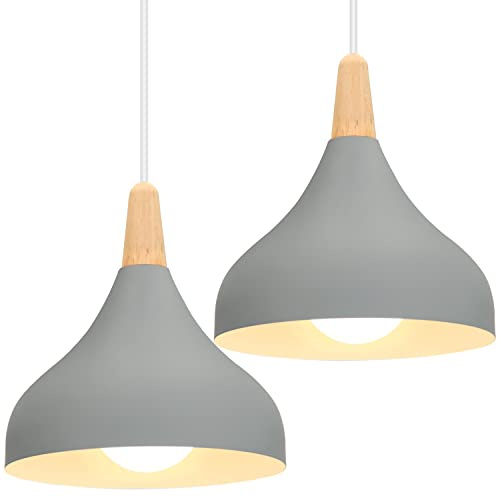 iDEGU 2 Stücke 20cm Hängelampe Retro E27 Hängeleuchte Moderne Tropfenförmig Hut Deckenleuchte aus Metall Holz Pendelleuchte für Schlafzimmer Esszimmer Küche (Grau)