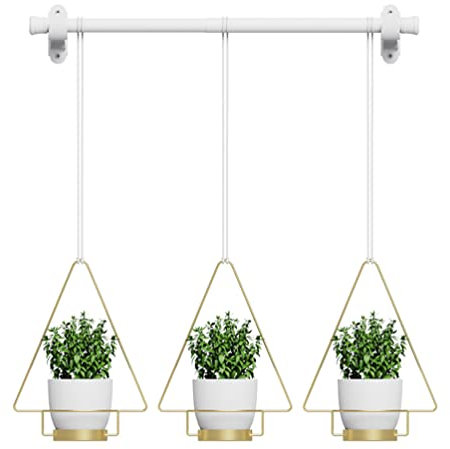 Baymate 3er Set Makramee Blumenampel mit Einziehbare Querstange, Hängeampel Blumentopf Pflanzen Halter Aufhänger, für Innen Außen Decken Balkone Wanddekoration(Dreieck,Gold)