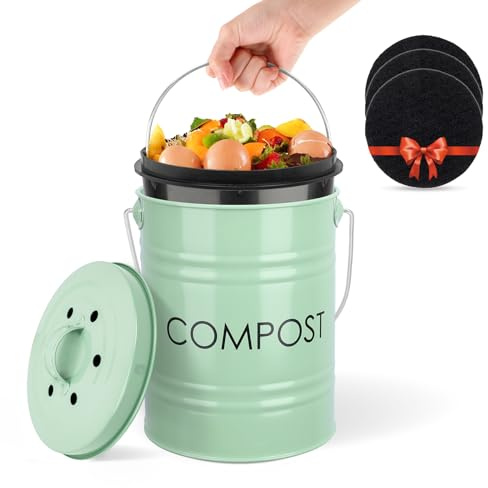 Vipush Compost Bin Kitchen Countertop Composter with lid – Small Compost ContainerI Includes Inner Compost Bucket Liner & Charcoal Filter, Green