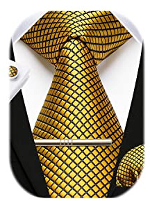 HISDERN Herren Hochzeit Gold Krawatten und Einstecktuch Krawatte Plaid Manschettenknöpfe-Krawattenklammer-Set