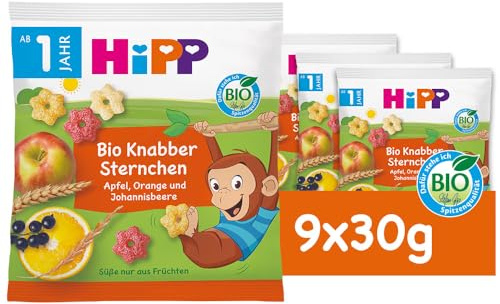 HiPP Bio Knabber Sternchen mit Apfel, Orange und Johannisbeere (9 x 30g), Kindersnack ab 1 Jahr, Süße nur aus Früchten, ideal für unterwegs & zwischendurch