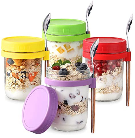Bocaux D Avoine Avec Cuillère et Couvercle, Bocaux Avoine De Nuit De 16 oz, Pot Overnight Oats En Verre Avec Couvercle Pour Chia Pudding Yogourt Salade Céréales Bocaux De Préparation De Repas