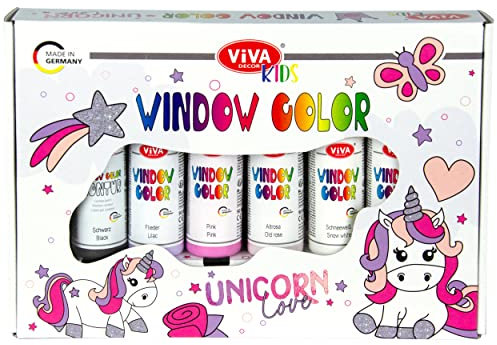Viva Decor Window Color Set Unicorn Love (6 Farben à 90 ml) Geschenkset Window Color Set Kinder mit 6 Fensterfarben in Geschenkverpackung mit 15 Motiven - Made in Germany
