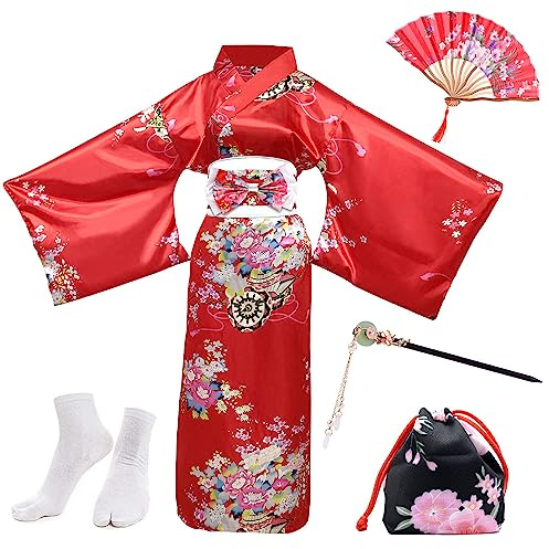 PLULON 5 Pezzi Abito Giapponese Geisha Abito Yukata Blossom Accappatoio in Raso con Borsa con Coulisse Ventaglio a Mano Tabi Calzini Set per Donna