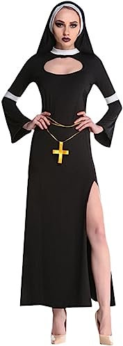 Halloween Kostüm Damen, Damen Nonne Kostüm Schwarz Nonnenkostümkleid mit Kopfbedeckung und Kreuz Kloster Geistliche Motto-Party Faschingskostüme Halloween Karneval Fasching Cosplay Kleidung