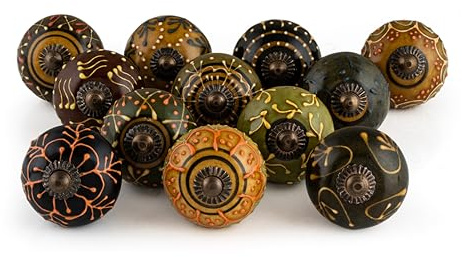 FOLK CRAFT Dresser Knobs for Cabinets and Drawers - Brass Steel Fitting Blue Pottery Ceramic Door Handle Flower Handmade Rajasthani Home Decor Hardware - Pack of 12 Knobs