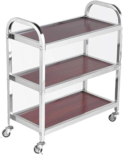 MNBVH Carro De Servicio Desmontable De Acero Inoxidable De 3 Niveles con Freno - Carro De Limpieza Y Catering Ideal para Almacenamiento De Baño Y Cocina - Incluye Mesa De Madera