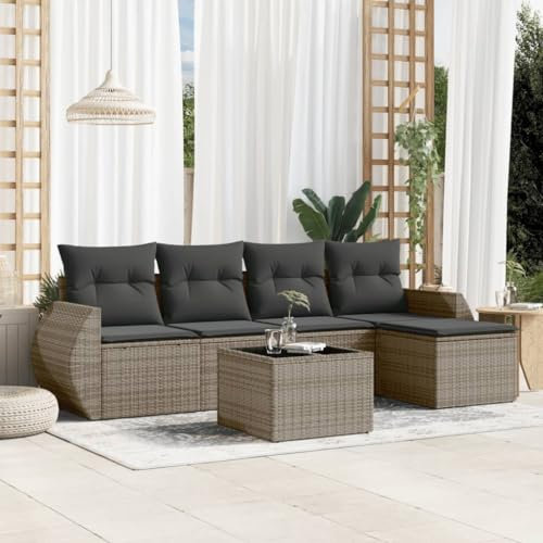 THOYTOUI 6-TLG. Garten-Sofagarnitur, Gartengarnitur Set Sitzgruppe Outdoor Balkonmöbel Set Möbelsets Geeignet für Veranda Terrasse Garten Balkon mit Kissen Grau Poly Rattan