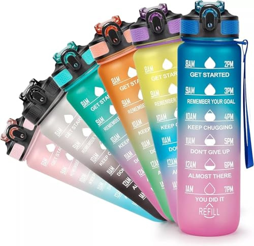 1 Litre Motivational Fitness Sport Water Bottles with Straw & Time Maker, Leakproof BPA-free WITH Carry Strap Plastic Drink Bottle 1L Design for Girls, Boy Running,cycling (Blue-Purple Gradient)