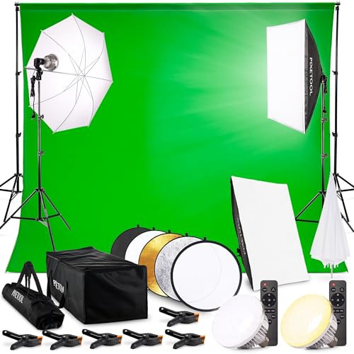 PIXETOOL Kit Studio Photo et Éclairage - Softbox - Écran de Projection - Fond Vert (3 x 3 m) avec Support (3 x 2,6 m) - Toile de Fond Photo, Green Screen, Lampe Lumiere Photographie Streaming