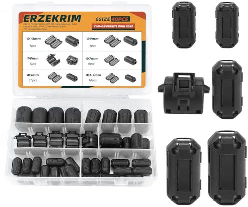 YOYEAH Set di 40 nuclei in ferrite per cavi – Filtro in ferrite pieghevole con 6 diverse misure – Anello in ferrite – Filtro anti-interferenza per cavo RFI EMI – Nero – Diametro interno da 3,5 mm a 13