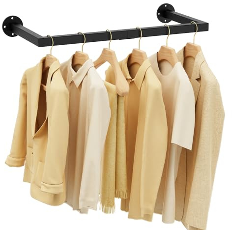 Yawinhe Percheros de Pared para Colgar Ropa, Rieles para Ropa de Tubo Industrial, Colgante de Prendas de Desmontable, Ahorro de Espacio, para Dormitorio, Negro, 64cm, 1-Pack, SYJ64B-1