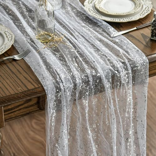 Artoid Mode Garza Tulle Glitter Foil Bianco Argento Runner da Tavolo 70 x 300 cm, Decorazione da Tavolo da Cucina Vacanze Feste Compleanno Matrimoni