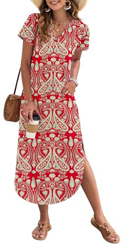 AUSELILY Women's Summer Casual Dress with Pockets V Neck | Ladies Long Summer Dresses uk,Short sleeve,Daily wear,Party,Beach,Holiday,Comfortable fabric,Polyester,Spandex
