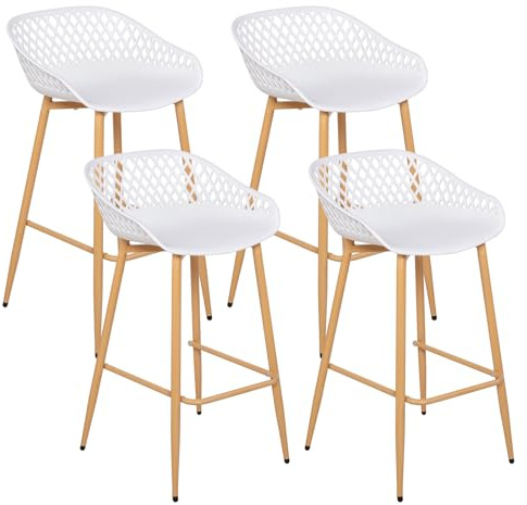buybyroom Taburetes Altos de Cocina, Juego de 4 Taburetes de Bar con Respaldo, Sillas Altas de Cocina Modernas para Isla de Cocina, Bar o Restaurante, Patas de Metal, Asiento Ancho, 99cm, Blanco