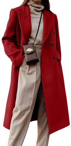 IDEALSANXUN Long Wool Coats for Women 2025 Fall Winter Double Breasted Trench Coats Tweed Blazer Dressy Jackets, Mapel Red, L