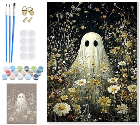 GHHKUD Halloween Paint by Number Kits for Adults with Framed Canvas, Ghost Flowers Easy Adult Paint by Numbers Canvas Kits for Kids Beginner, Oil Acrylic Arts and Crafts for Home Wall Decor 8x12inch
