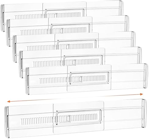 WYYHQO Divisori per Cassetti Regolabili, 6 pezzi 28,7x8 cm Organizzatore per Cassetti in Plastica, divisori Cassetti Bagno Trasparente, per Camera da letto, Bagno, Organizzatore di Armadi, Ufficio