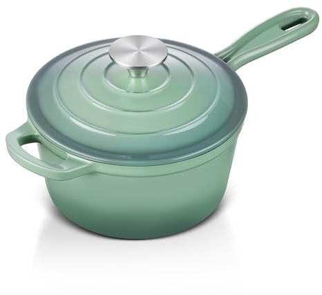 Leonyo Stielkasserolle aus emailliertem Gusseisen mit Deckel, Stielkasserolle aus emailliertem Gusseisen, Dutch Oven für alle Herdarten zum Kochen von Suppe, Milch – bis zu 260 °C und 2 kg