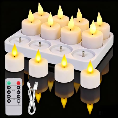 Lysumurl Rechargeable Tea Lights, 12 Pack Battery Electric Tealights Candles with Charging Dock Remote Control, Flickering Flameless LED Tealight for Wedding, Halloween, Christmas Decorations