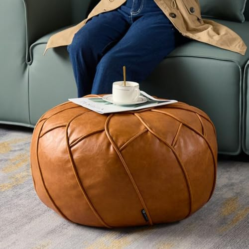 Louis Donné Pouf Bezug Rund mit Aufbewahrung, Ungefüllte Ottoman Fußhocker Abdeckung aus Wasserdichtem Kunstleder, Bean Bag Pouf Hocker für Wohnzimmer, Schlafzimmer & Kinderzimmer, Orange