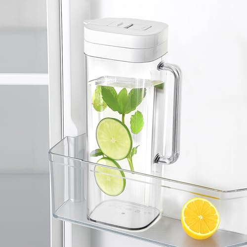 SlimFit 2Quart (2 Liter) pitcher with lid, Water jug for fridge door, White | Leakproof 64oz plastic pitcher with lid - Drink Container for Juice, Iced Tea, BPA-Free, White, RV Accessories, RV Essentials