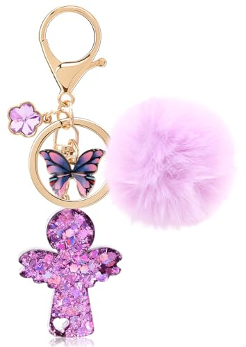 MWOOT Violeta Mariposa Pompon para Llaveros Angel, Resin Keychain Mosqueton, Bonitos Llaveros para Mujer, Keyring Regalos para Amigas, Backpack Charms Keyring Charm Mochilas Colgante Decorativa