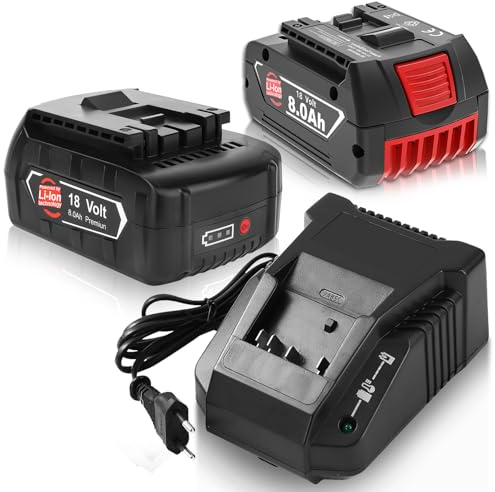2 Stück 8000mAh Ersatz für Bosch 18V Akku + Ladegerät 14.4V-18V BAT609 BAT609G BAT618 BAT618G BAT619 BAT619G BAT610G BAT610 BAT612 BAT622 mit LED-Anzeige(Weiß)
