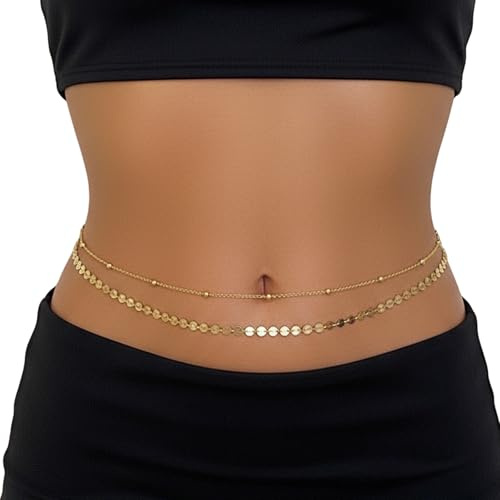 2 pcs Gold Waist Chain Layered Adjustable Belly Chain Metal Link Waterproof Style Satellite Beads Coin Chain Bikini Body Chain Jewelry Gifts for Women
