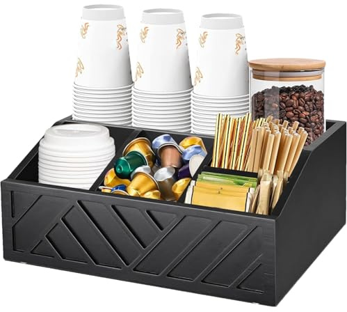 Fyrdyn Organizador De Estación De Café Para Encimera - Soporte De Almacenamiento De Madera Para Cápsulas | Divisor De Almacenamiento Para Accesorios De Barra De Café En Casa Bar Restaurante