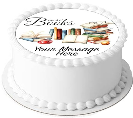 Personalised Message Books Reading Themed 7.5inch CIRCLE Edible Icing Cake Topper Decoration. Perfect for large cakes