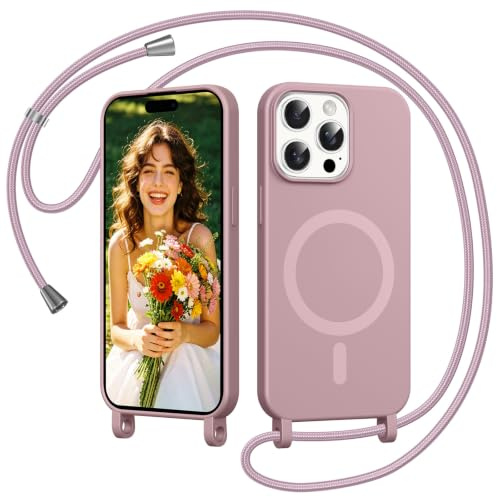 Coiwxmoi Magnetica Cover per iPhone 14 Pro Max con Cordino Regolabile, [Compatibile con MagSafe] Custodia con Collana Tracolla Laccio Collo Liquido TPU Silicone Lanyard Antiurto Case, Rosa