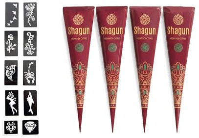 Shagun 4 x Temporäre Tattoo Natürliche + 10 x Henna Schablone, Mehndi Tattoos, Kegel, Tätowierung rotbraun
