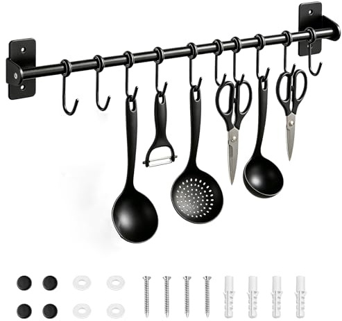RPHONGHONG Kitchen Utensil Rack, 40cm Utensil Holder Hanger Wall Mounted Kitchen Rail Pan Hanger with 10 Removable S Hooks for Mug Cup Small Items Cooking Pan Pot Bathroom