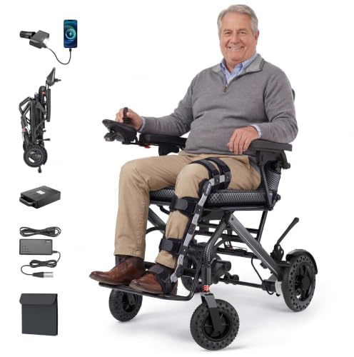 Rollstuhl Elektrisch Faltbar Leicht 16,2KG Elektrischer Rollstuhl 32KM | Sitzbreite 47cm, 12Ah Lithium-Batterie, 360W Elektrorollstuhl, 5 Jahre Support, Flugzeugzulassung, Kohlefaser-Folie