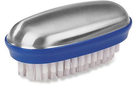 Fackelmann Edelstahlseife mit Bürste TECNO, Anti-Geruchseife aus Edelstahl, Geruchskiller mit Nagelbürste (Farbe: Silber/Blau/Weiß), Menge: 1 Stück