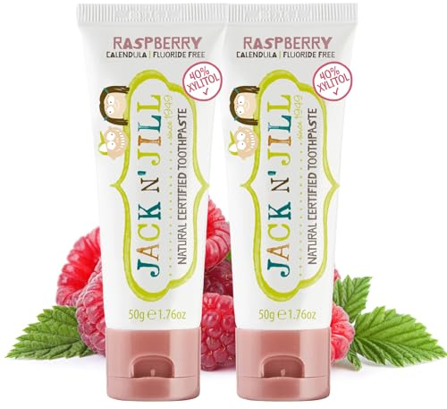 Jack N' Jill Natural Toothpaste for Baby and Infants - Fluoride Free Training Toothpaste, 40% Xylitol, BPA Free - Raspberry, 1.76 oz (Pack of 2)