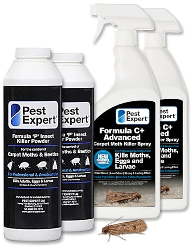Pest Expert Carpet Moth Killer Spray 2 x 1ltr and 2 x Carpet Moth Killer Powder XL pack size 300g - Fast-Acting & Long Lasting