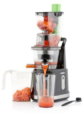 Princess 202045 Easy Fill Exprimidor Lento con la característica de Rellenado fácil, 200 W, 0.9 litros, Negro y Plateado