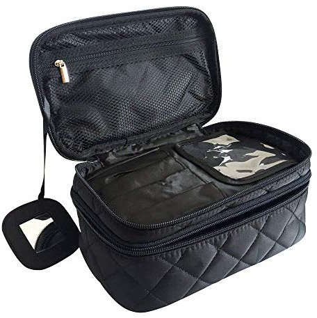 Kosmetiktasche, ONEGenug Makeup Tasche, Schminktasche Kosmetikbeutel 23 * 10 * 14 cm, Größe M, Doppelschicht mit Spiegel für Damen Schwarz