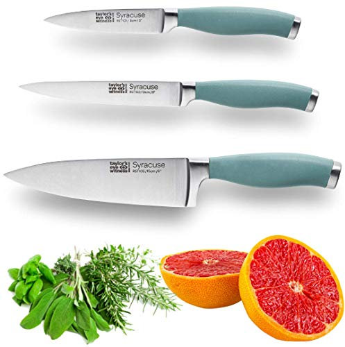 Taylors Eye Witness Syracuse Kitchen Knife 3pce Set - Paring 8cm/3.5”, Chefs 15cm/6” & Cooks All Purpose 13cm/5” Cutting Edge. Ultra Fine, Razor Sharp Blade. Soft Textured Grip Aqua Blue Handle