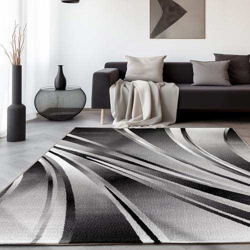 SIMPEX Teppich Wohnzimmer 160x230 cm Schwarz Modern Abstraktes Wellen Design Kurzflor Schlafzimmer Esszimmer Küche Jugendzimmer Waschbar Pflegeleicht Extra Weich