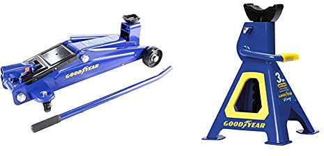 Goodyear Rangierwagenheber 3 Tonnen für SUVs und Geländewagen Premium Unterstellbock, 3 Tonnen Tragkraft, höhenverstellbar von 280 mm bis 420 mm, mit Sicherheits-Splint, Blauer Schutzlack