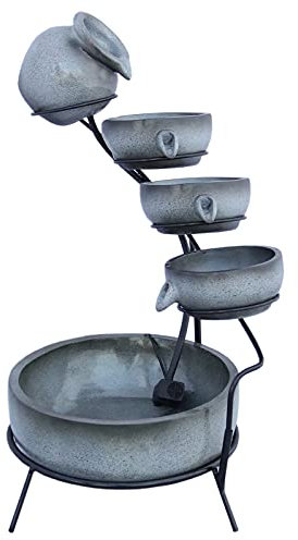 Wasserspiel Gartenbrunnen, solarbetrieben, für den Außenbereich, Garten, Kaskade, Ornament, Dekoration, Terrasse, Harz, grau, freistehend, kaskadierend, 4 Etagen, Wasserreiniger