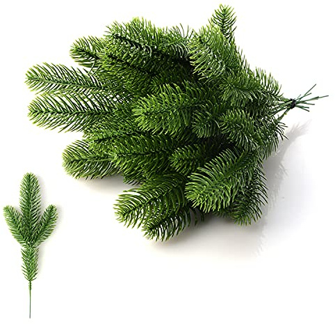 HJHIWE Lot de 60 branches de pin artificielles vertes de 24 cm pour arrangements floraux de Noël, couronnes, décoration de vacances.